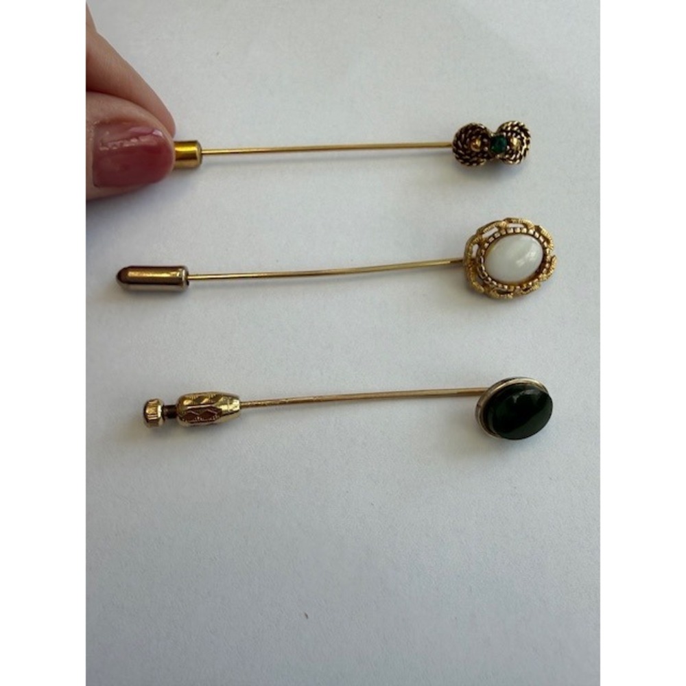 Lot of 3 Vintage Hatpins Signed Krementz Green Jade Gold‎ Tone Victorian